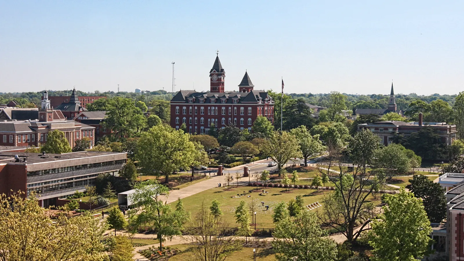 Samford Hall and its clock tower above the campus lawns at Auburn University in Auburn, Alabama