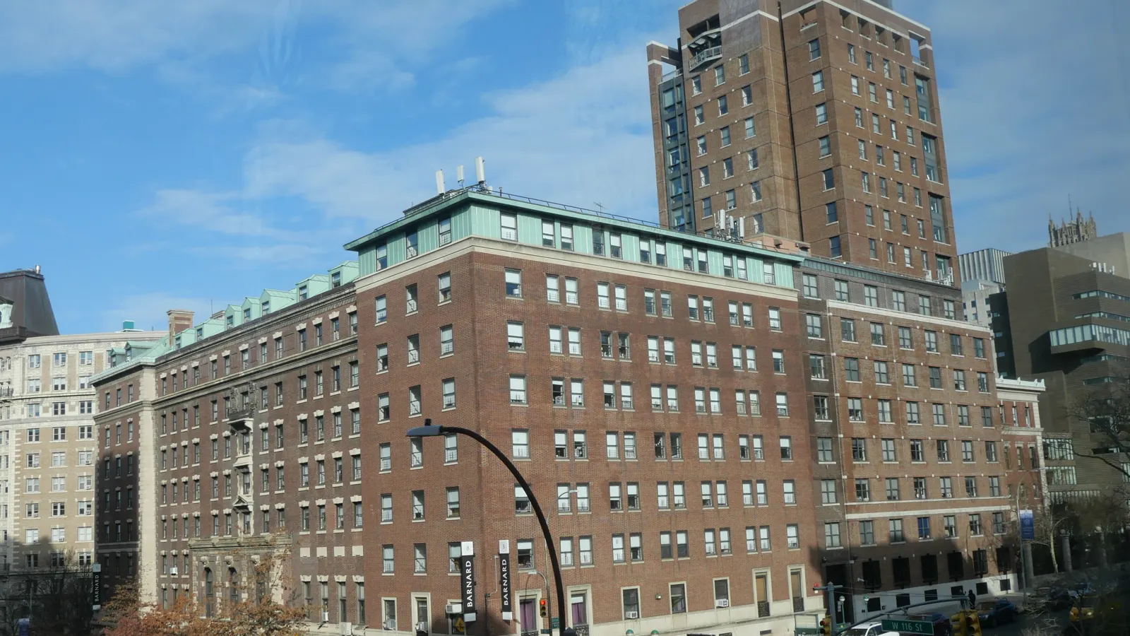 Brick buildings of Barnard College seen from the street in Morningside Heights, Manhattan