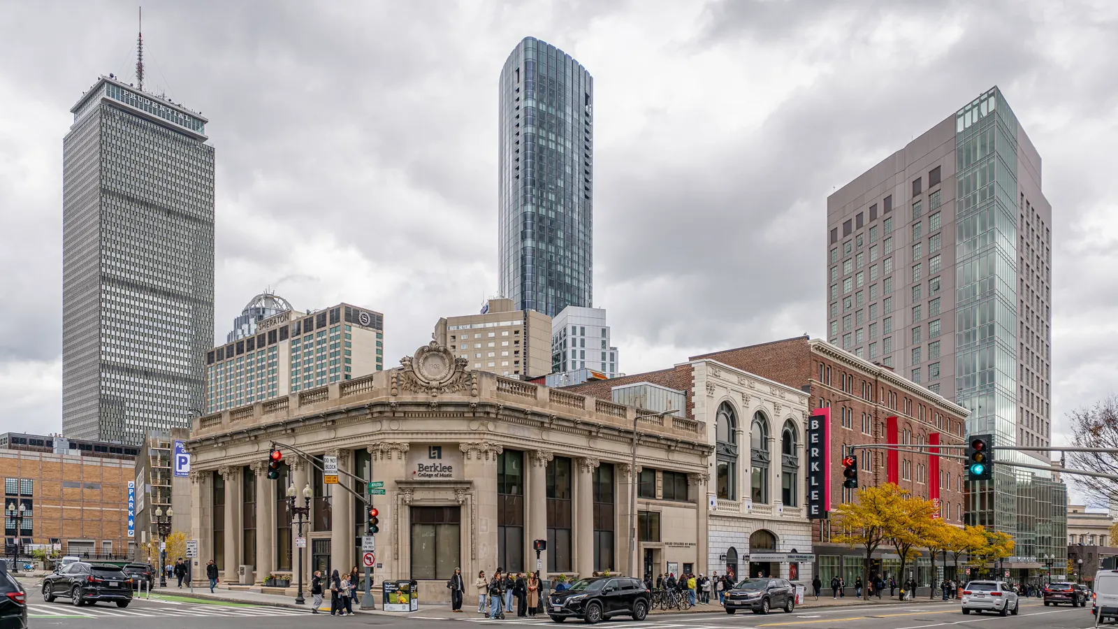 Berklee College of Music buildings at Massachusetts Avenue and Boylston Street in Boston, with the Back Bay skyline behind