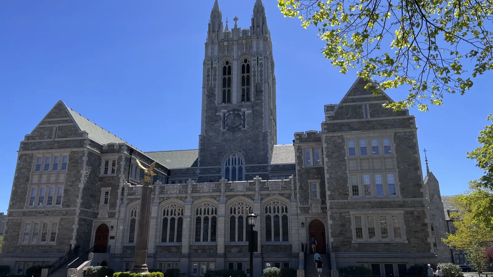 Gasson Hall and its Gothic tower on the Boston College campus in Chestnut Hill, Massachusetts