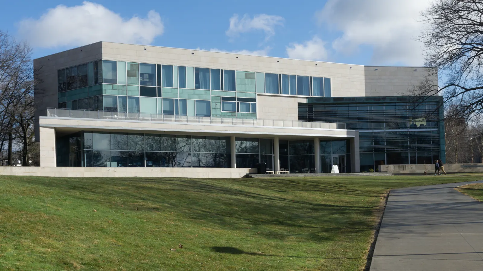 The Shapiro Campus Center across a lawn at Brandeis University in Waltham, Massachusetts