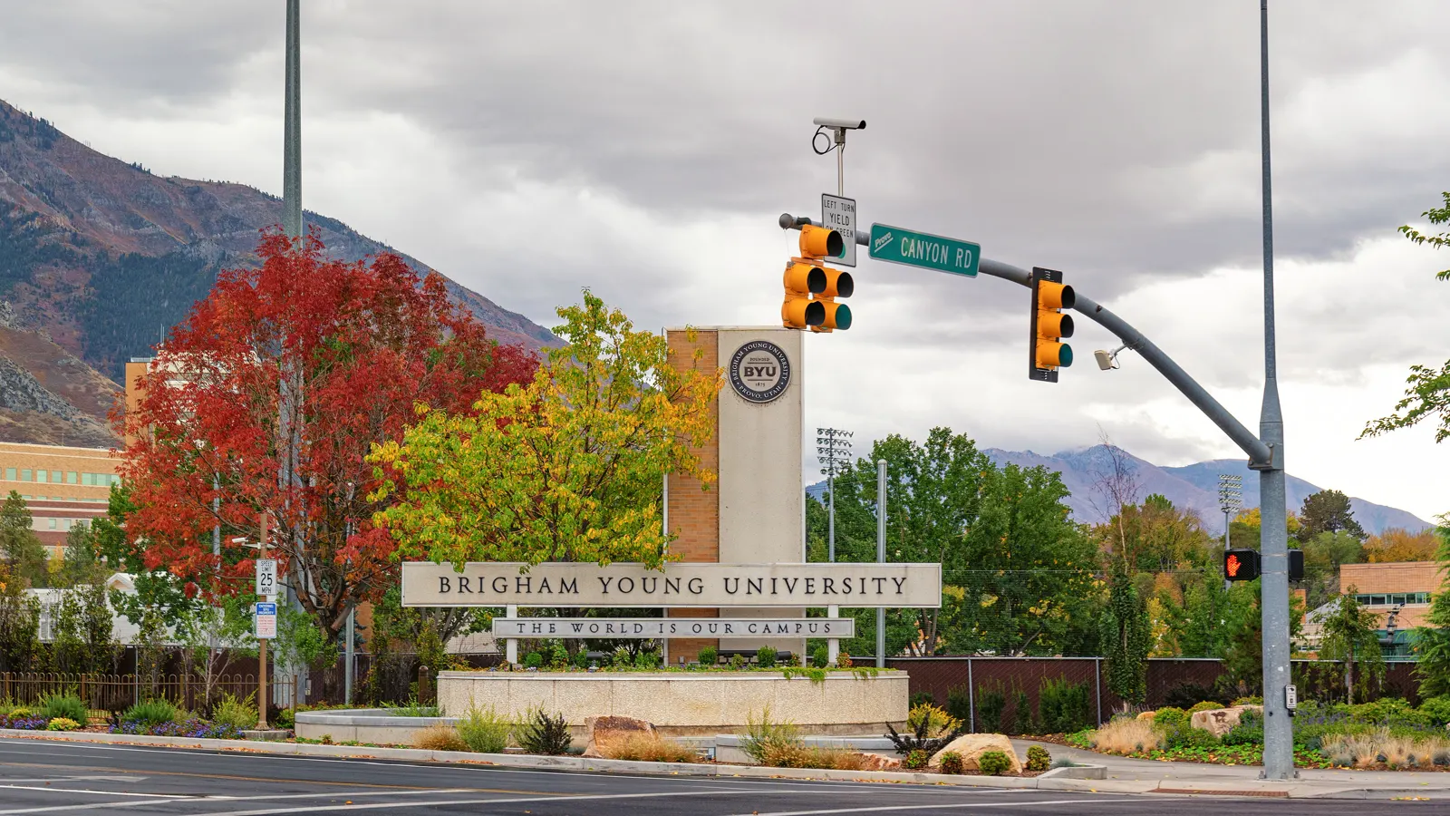 The Brigham Young University campus in autumn, with the mountains above Provo, Utah