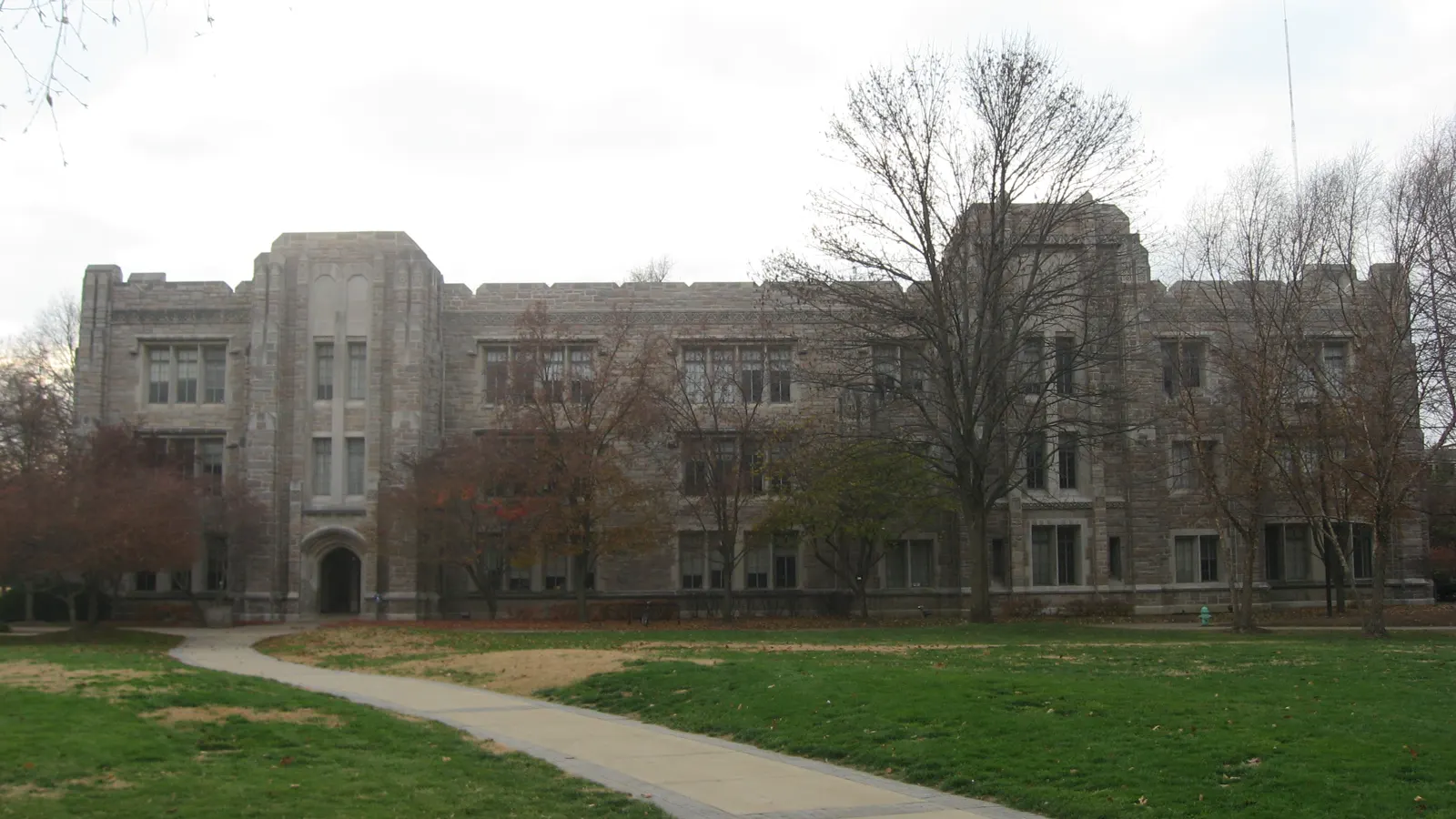 The eastern front of Jordan Hall across a lawn at Butler University in Indianapolis, Indiana