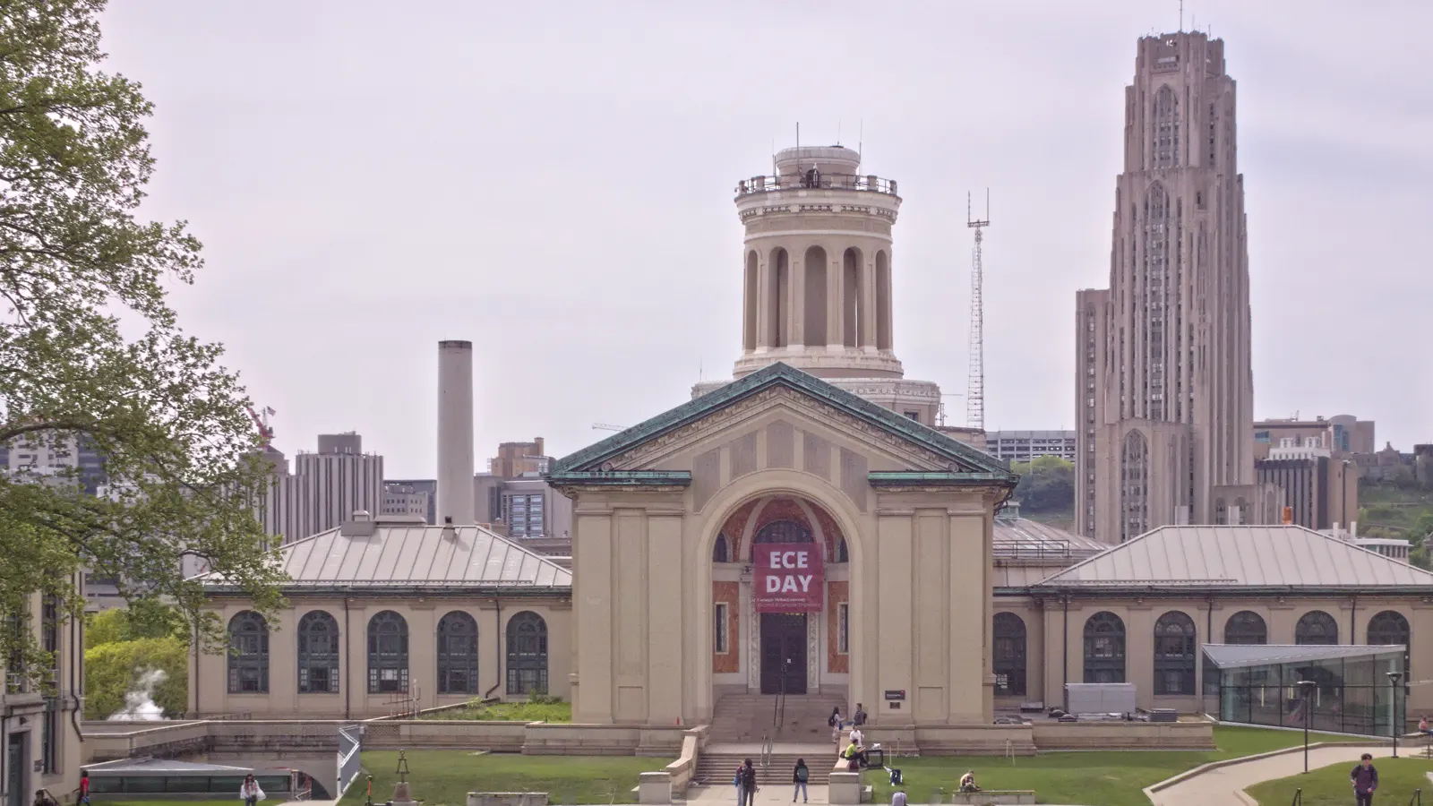 Hamerschlag Hall at Carnegie Mellon University in Pittsburgh, Pennsylvania, with the University of Pittsburgh's Cathedral of Learning in the distance