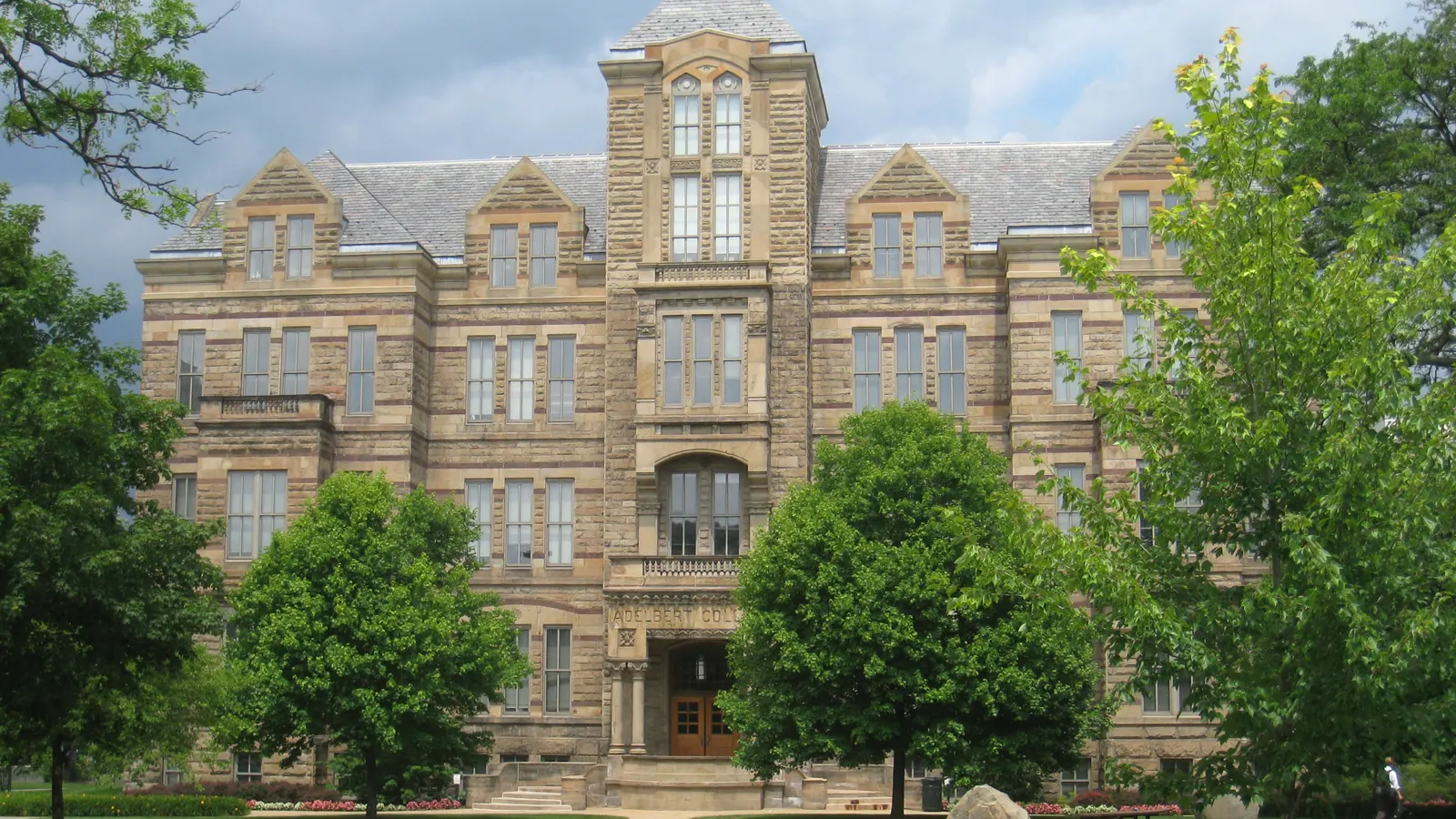 Adelbert Hall, built in 1882, across a lawn at Case Western Reserve University in Cleveland, Ohio