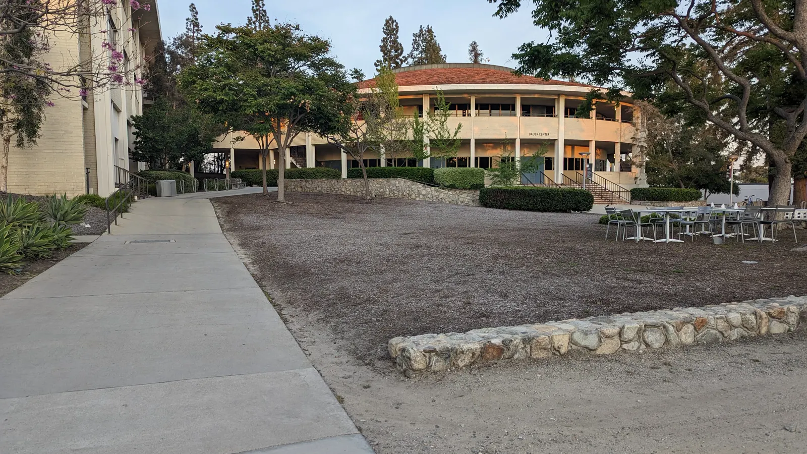 The Claremont McKenna College campus looking east toward the Bauer Center in Claremont, California