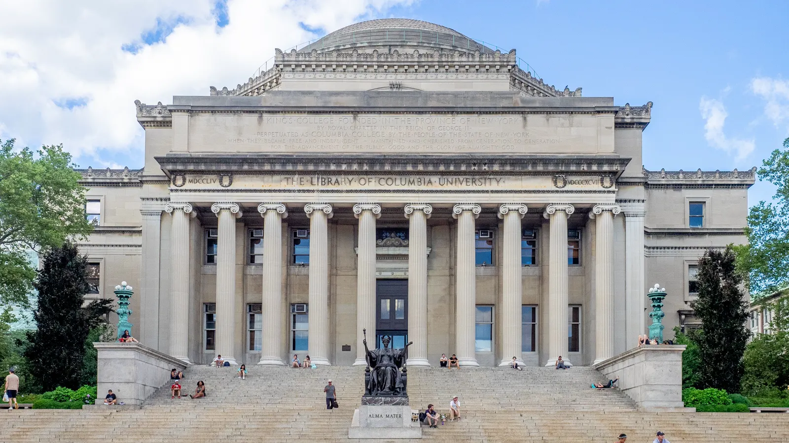 Low Memorial Library, with the Alma Mater statue on its steps, at Columbia University in New York City
