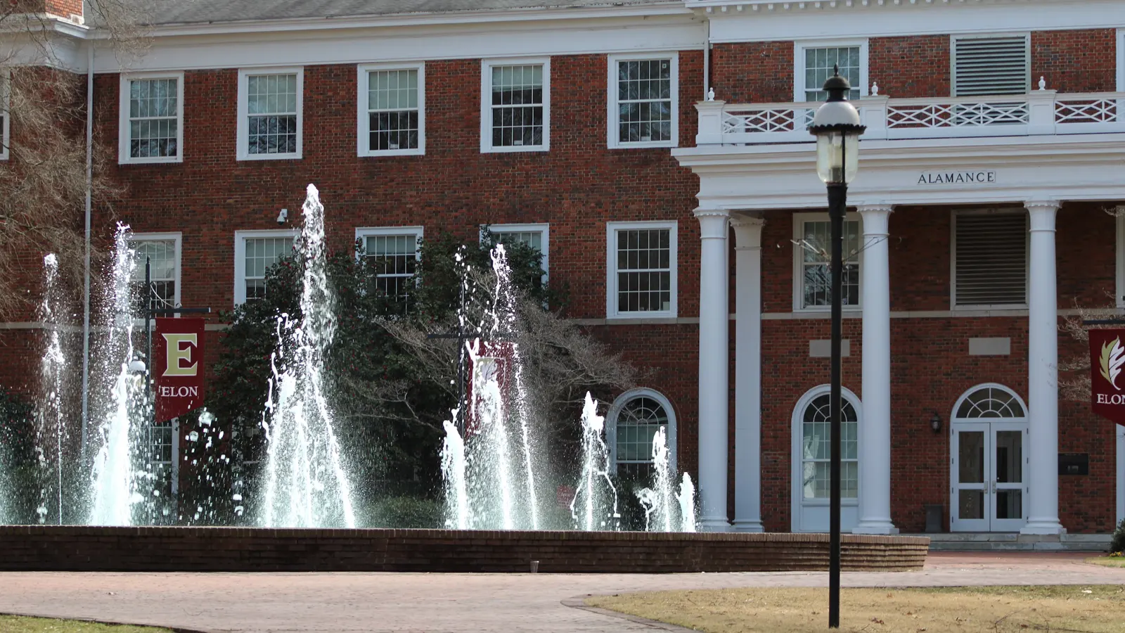 The Alamance Building and its fountains on the main quad at Elon University in Elon, North Carolina