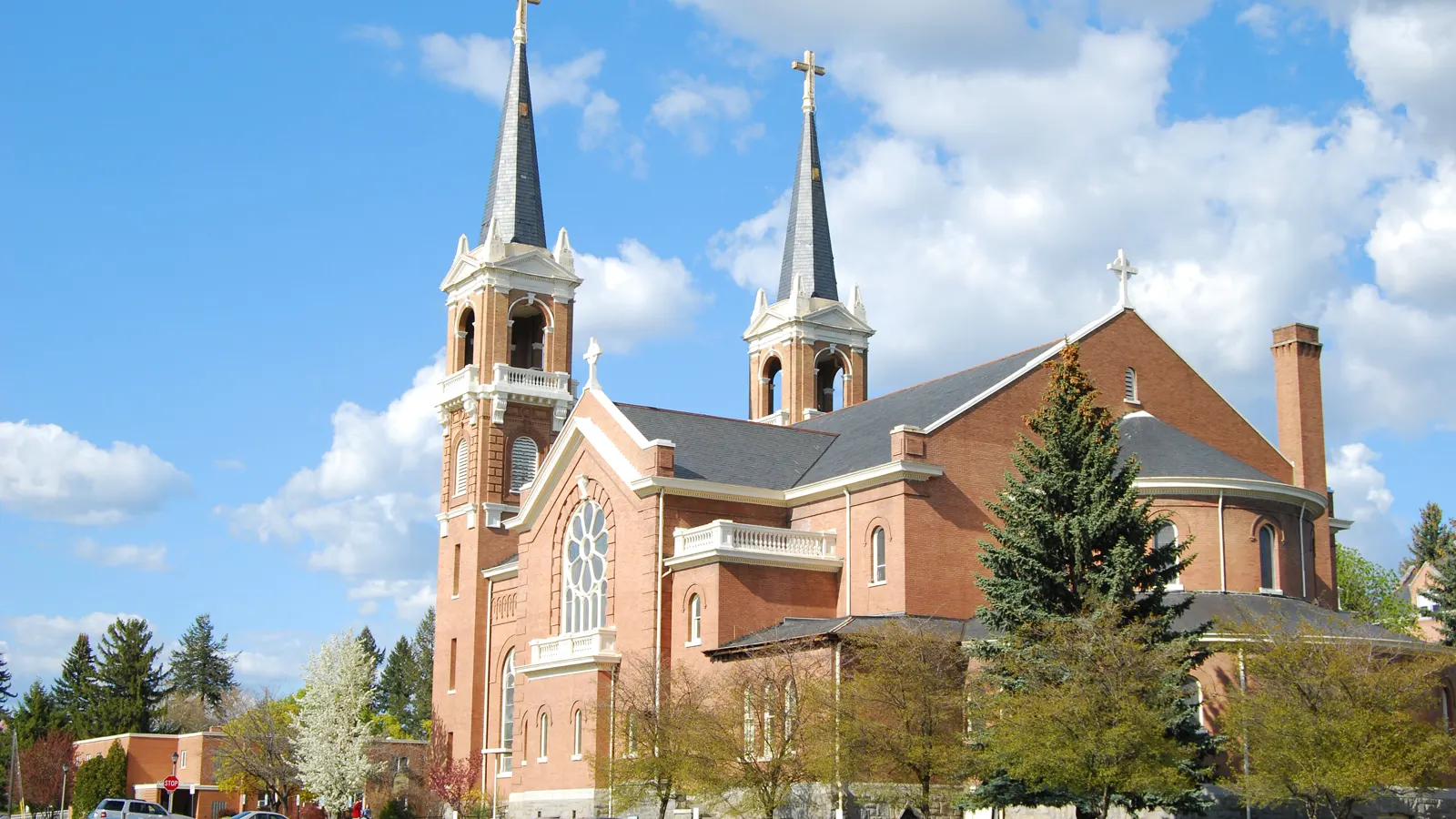 The twin spires of St. Aloysius Church on the Gonzaga University campus in Spokane, Washington, on a spring day