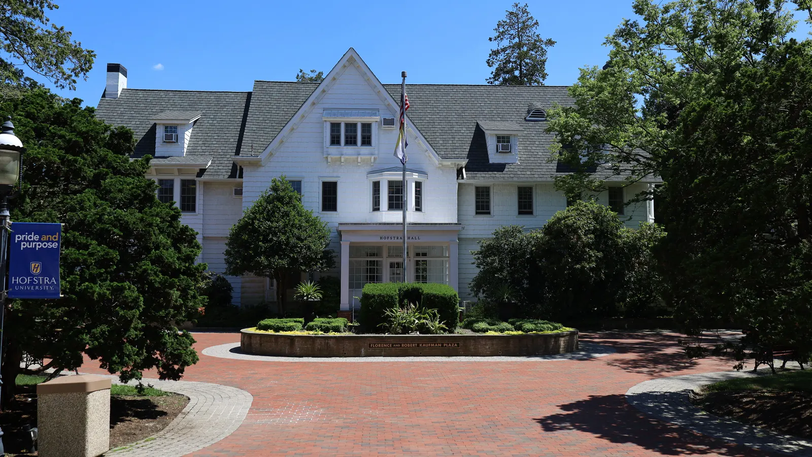 Hofstra Hall and its brick plaza on the Hofstra University campus in Hempstead, New York