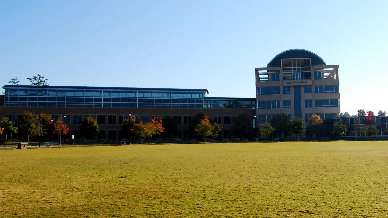 Kennesaw Hall seen across the campus green at Kennesaw State University in Kennesaw, Georgia