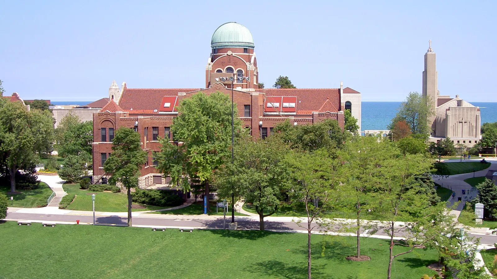 Cudahy Science Hall and Madonna della Strada Chapel beside Lake Michigan on Loyola University Chicago's Lake Shore Campus