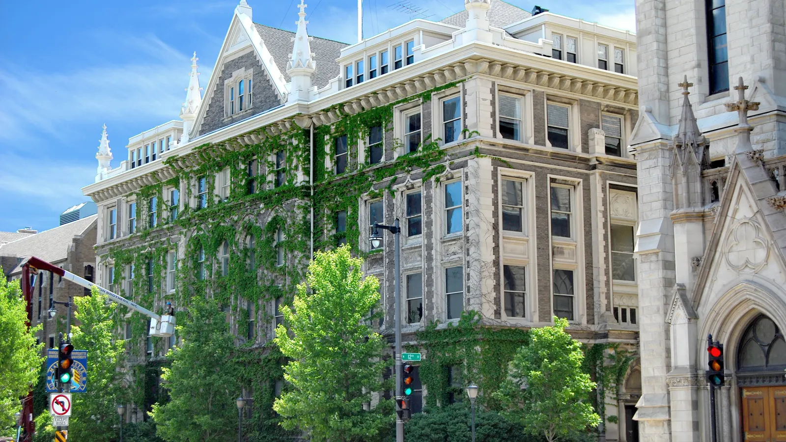 Johnston Hall, its walls covered in ivy, on the Marquette University campus in Milwaukee, Wisconsin