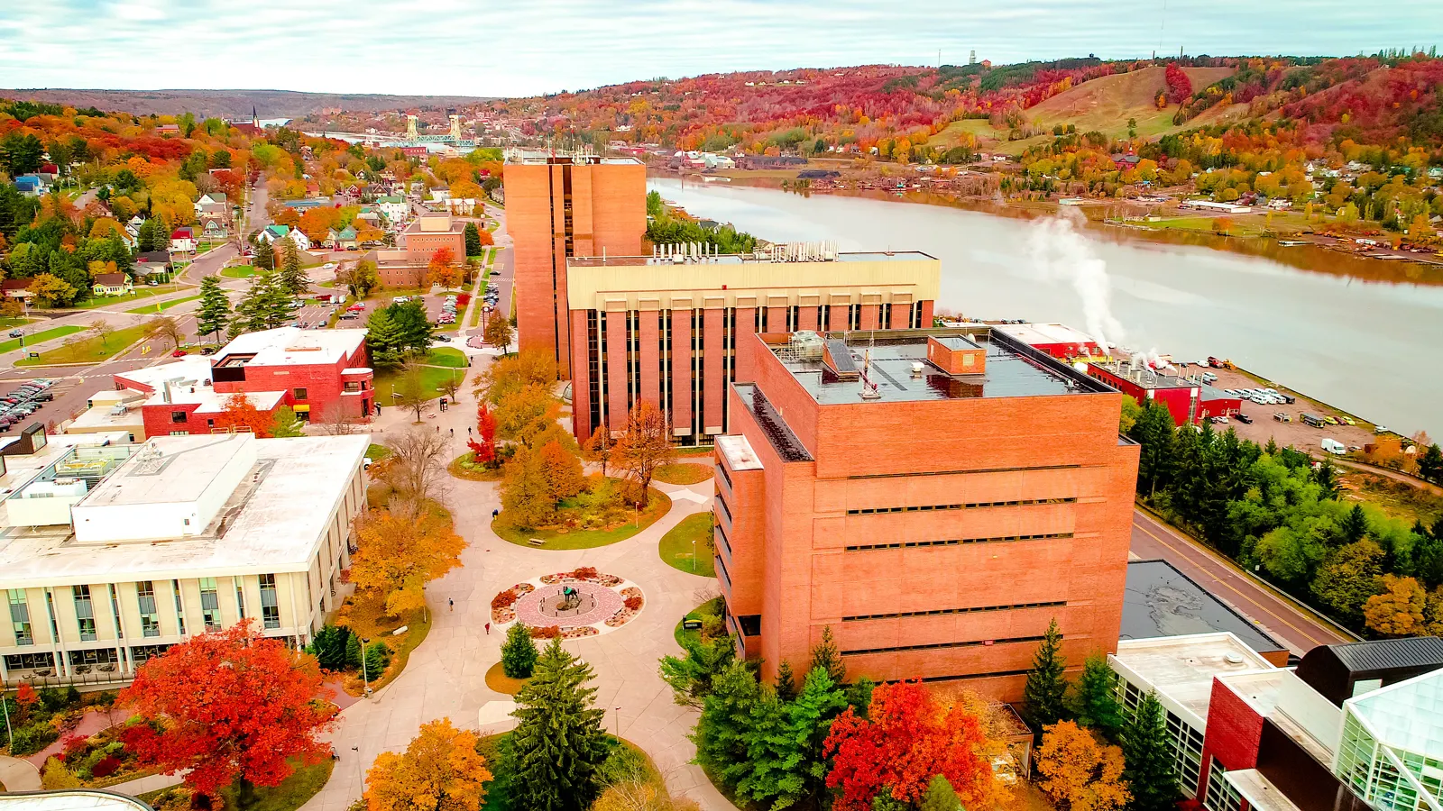Michigan Tech campus in autumn color above the Portage Canal in Houghton, Michigan