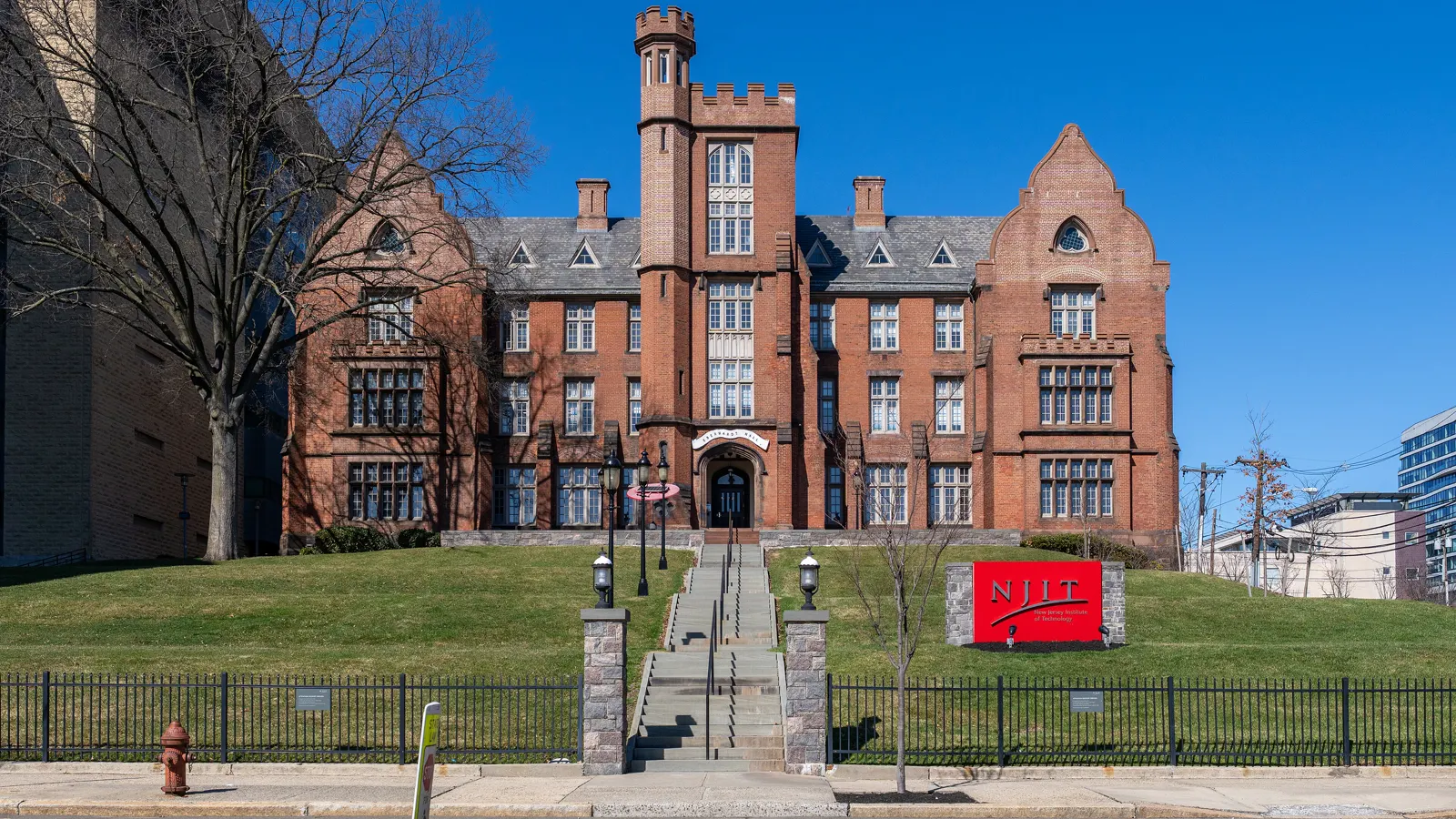 Eberhardt Hall on its lawn above the street at NJIT in Newark, New Jersey