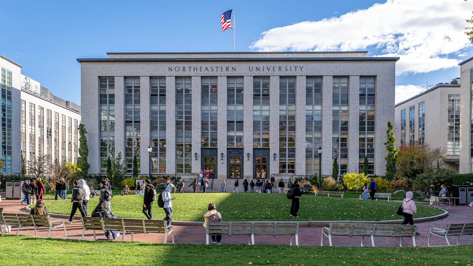 Ell Hall behind a lawn on the Boston campus of Northeastern University in Boston, Massachusetts