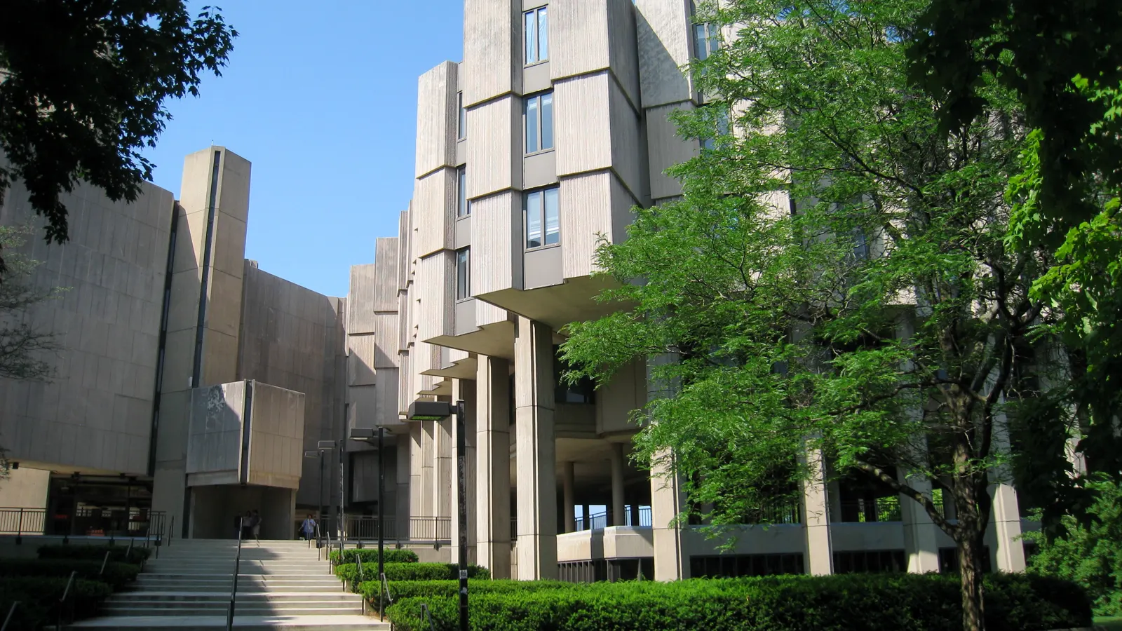 The concrete towers of Northwestern University Library on a summer day on the Evanston, Illinois campus