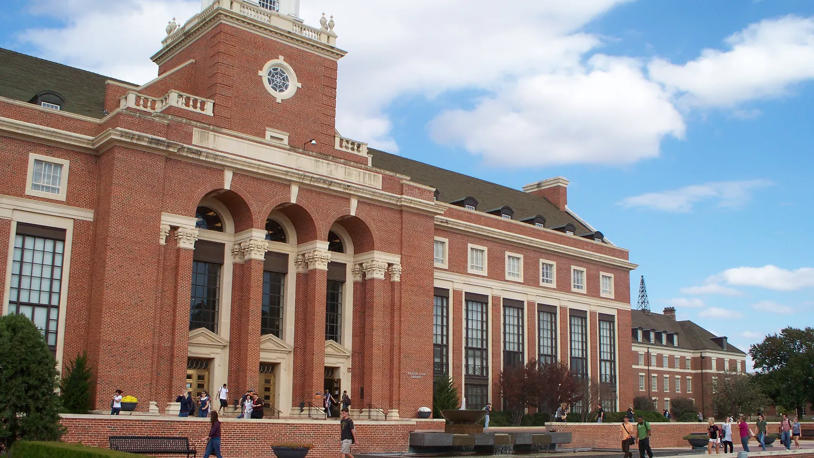 Edmon Low Library and its clock tower on the Oklahoma State University campus in Stillwater