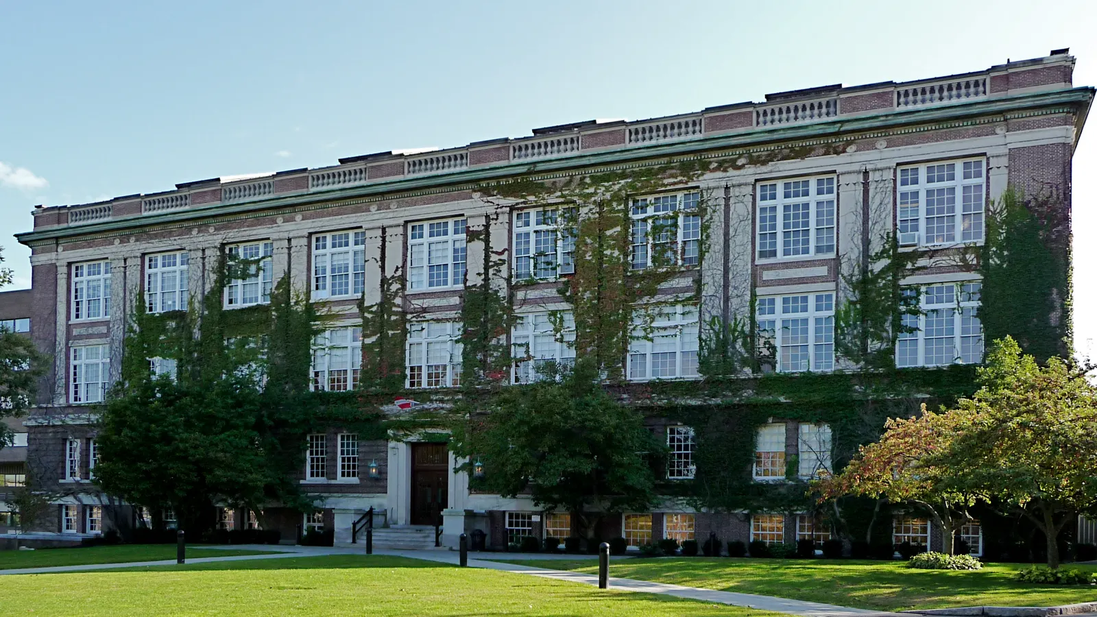 The ivy-covered brick Greene Building and its lawn on the Rensselaer Polytechnic Institute campus in Troy, New York