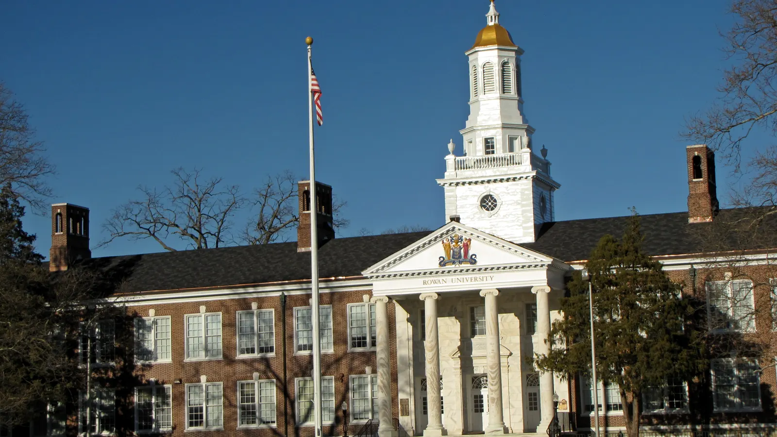 Bunce Hall with its white cupola and columned entrance at Rowan University in Glassboro, New Jersey
