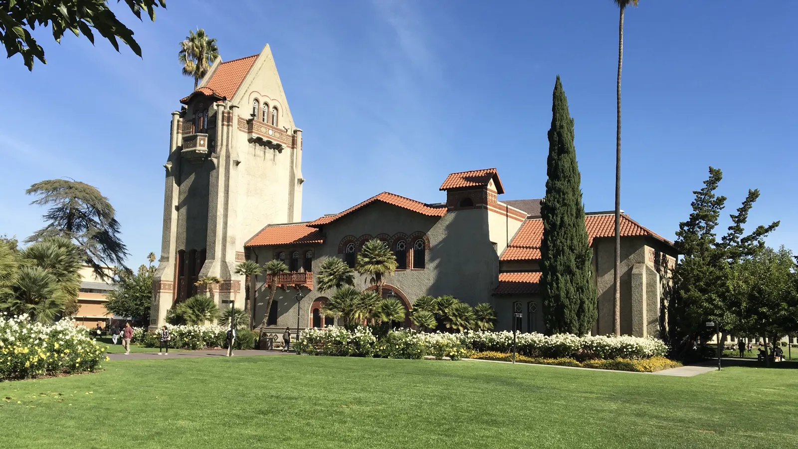 Tower Hall, built in 1910, and the lawn in front of it at San Jose State University in San Jose, California