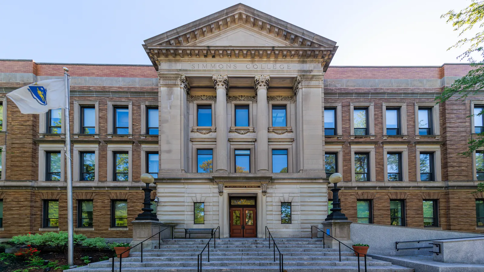 The columned entrance of the Main College Building at Simmons University on the Fenway in Boston