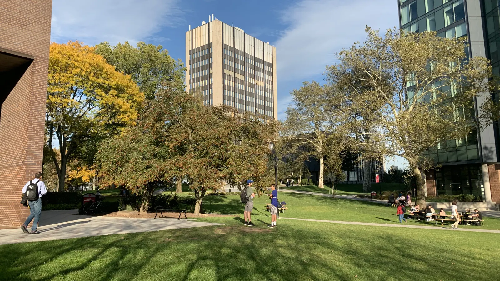 Students on a sunny lawn among autumn trees and campus buildings at Stevens Institute of Technology in Hoboken