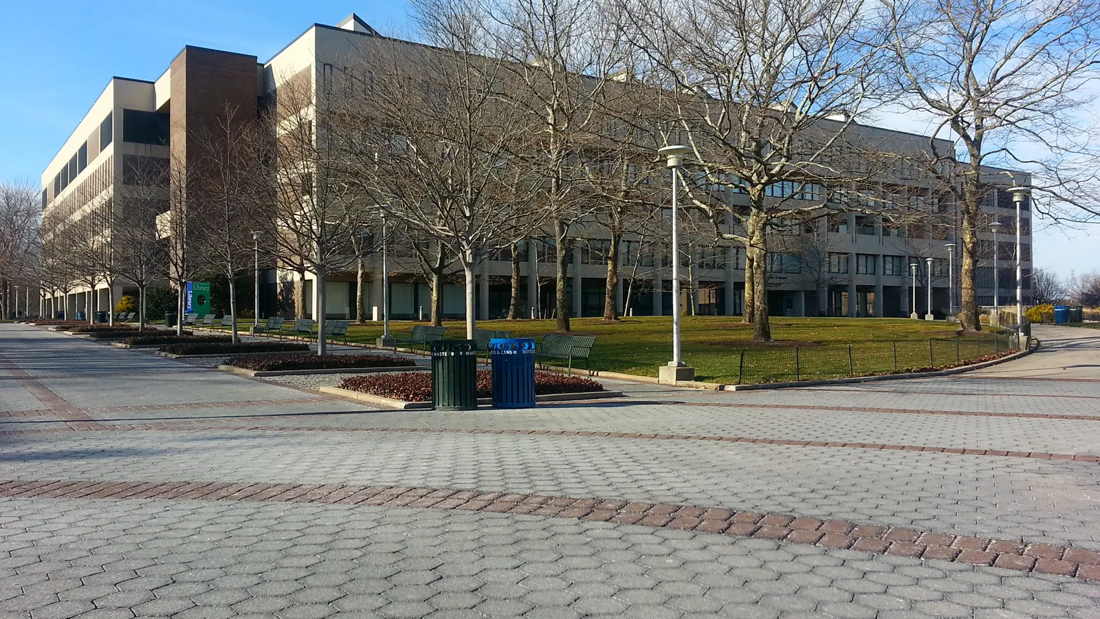 The Melville Library and the paved plaza in front of it at Stony Brook University