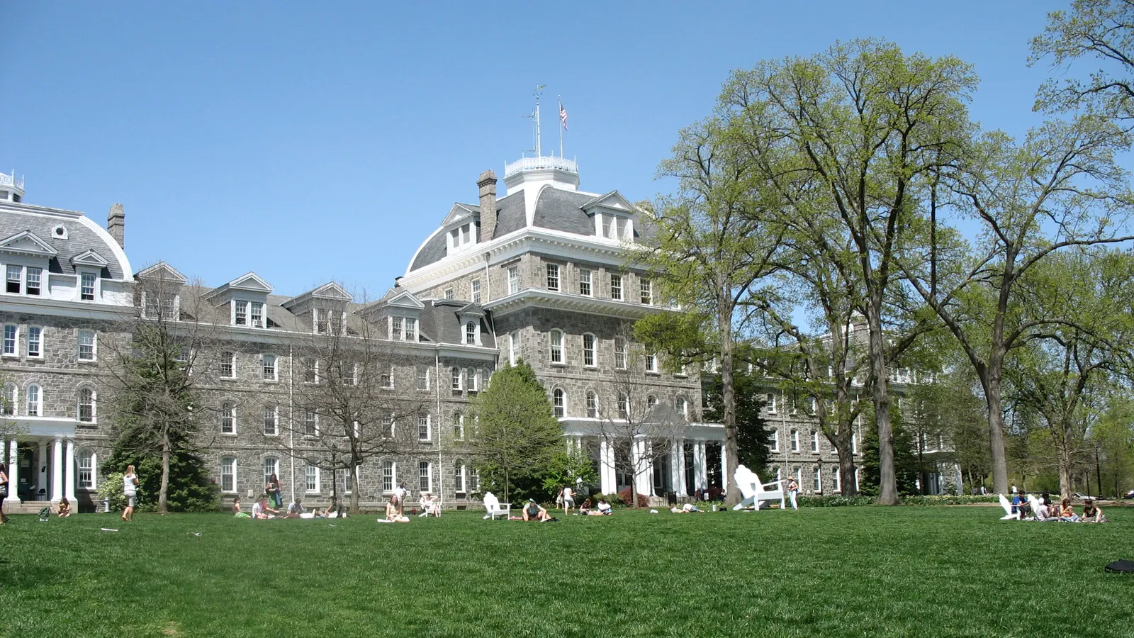 Parrish Hall seen across the lawn on a spring day at Swarthmore College in Swarthmore, Pennsylvania