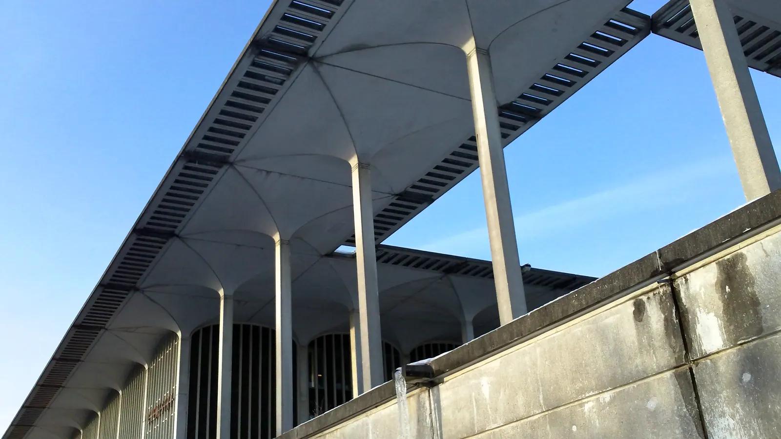 Tall concrete columns holding up a flat canopy roof against a blue sky at the University at Albany