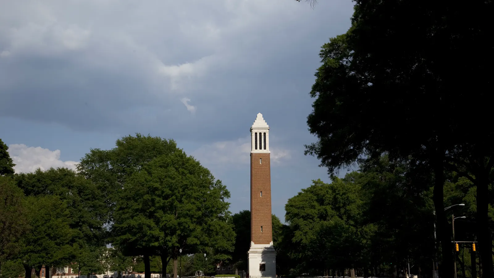 Denny Chimes rising above the trees on the Quad at The University of Alabama in Tuscaloosa