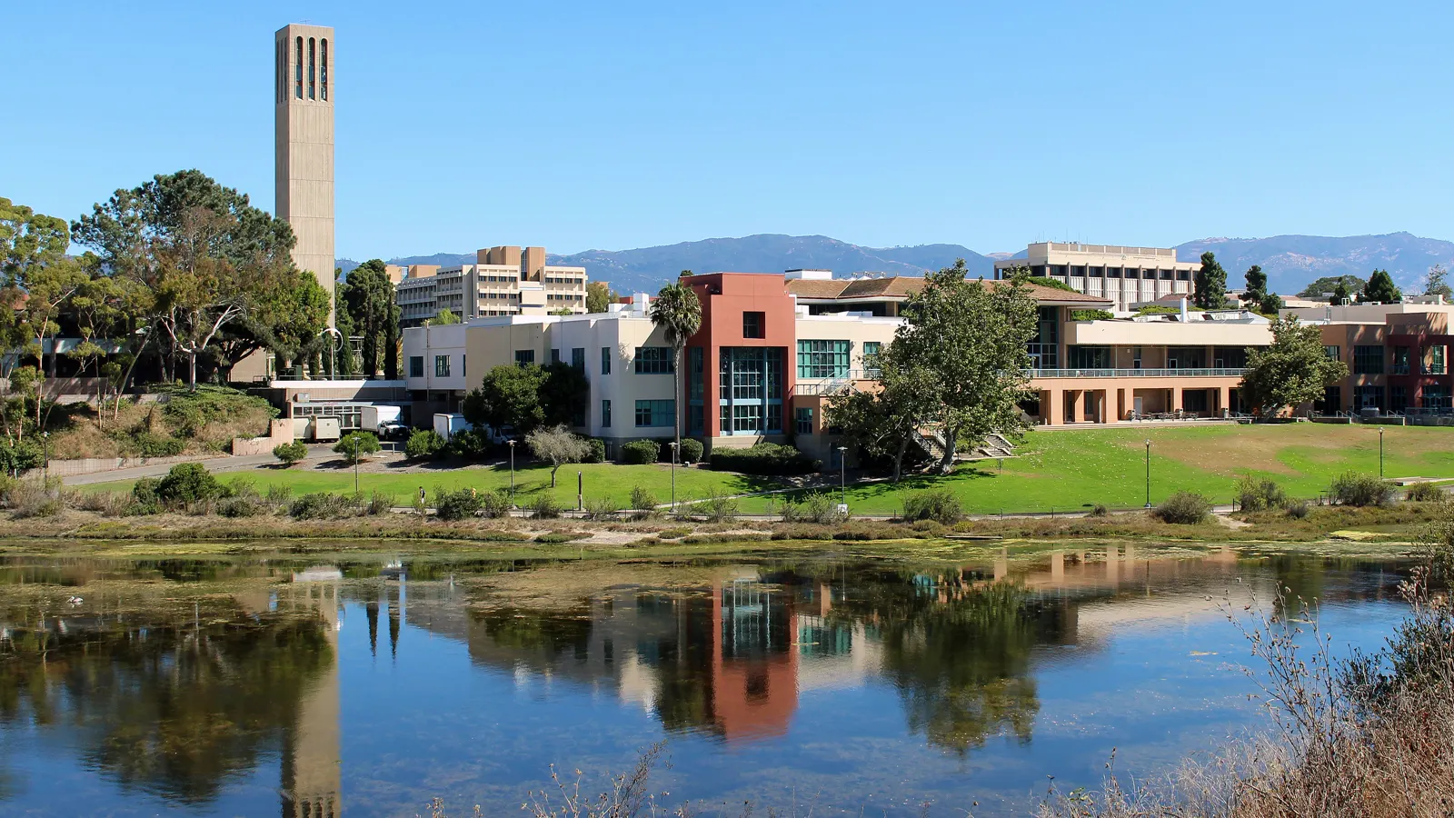 Storke Tower and the University Center across the lagoon at UC Santa Barbara in Santa Barbara, California