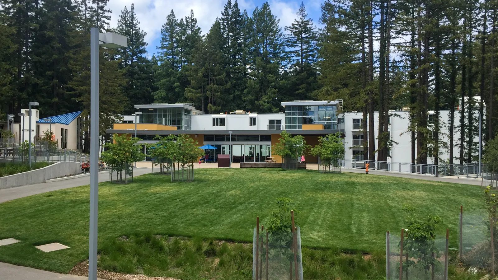 The courtyard of Merrill College among redwoods at UC Santa Cruz in Santa Cruz, California