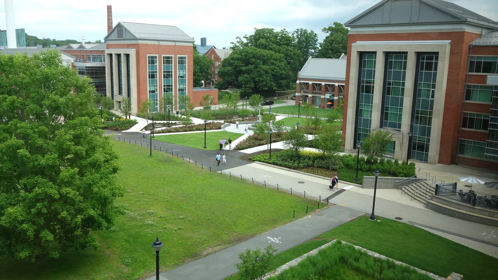 Brick academic buildings, lawns and walkways on the University of Connecticut campus in Storrs, Connecticut
