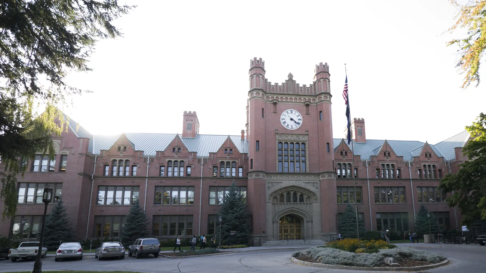 The red brick Administration Building with its clock tower and arched entrance at the University of Idaho in Moscow, Idaho