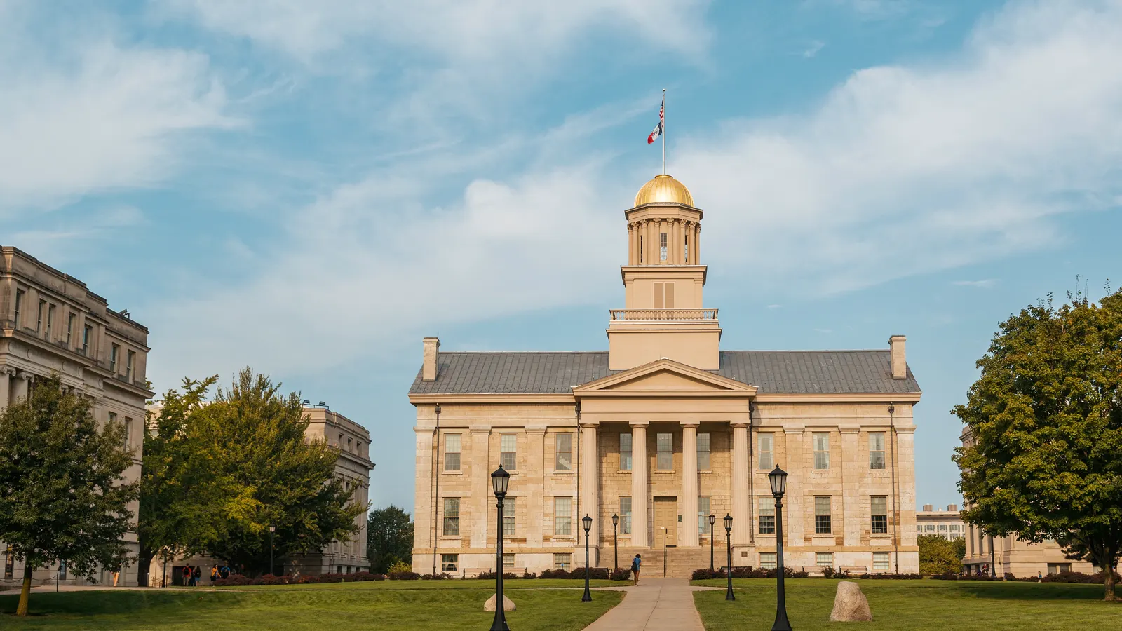 The Old Capitol and its gold dome on the Pentacrest at the University of Iowa in Iowa City