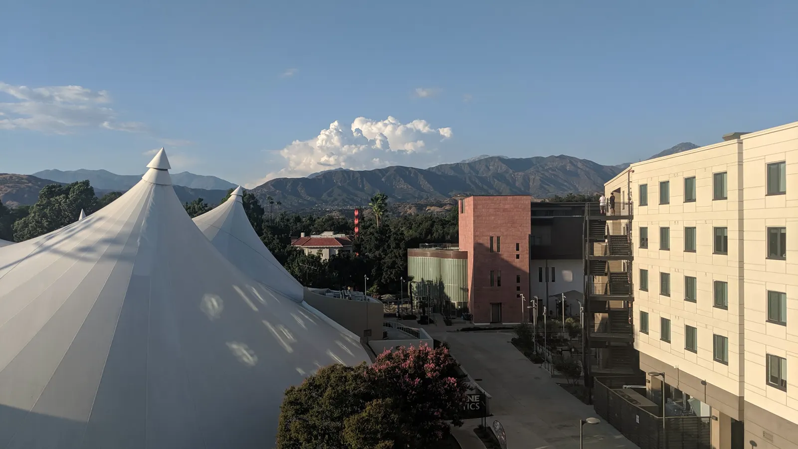 The Athletics Pavilion, Campus Center and Citrus Hall on the University of La Verne campus in La Verne, California