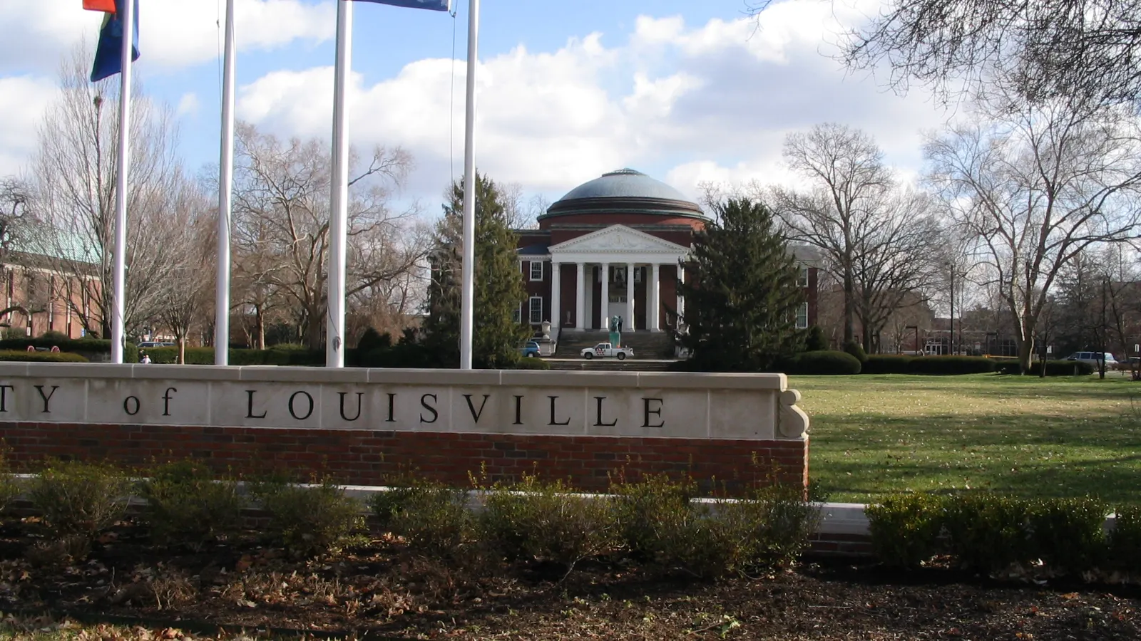 Grawemeyer Hall behind the University of Louisville entrance wall on the Belknap Campus in Louisville, Kentucky