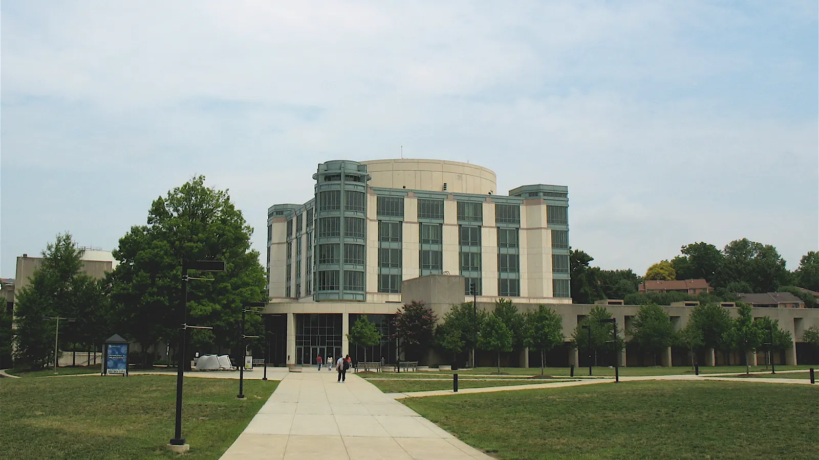 The Albin O. Kuhn Library and its tower seen across the lawn at UMBC in Baltimore County, Maryland