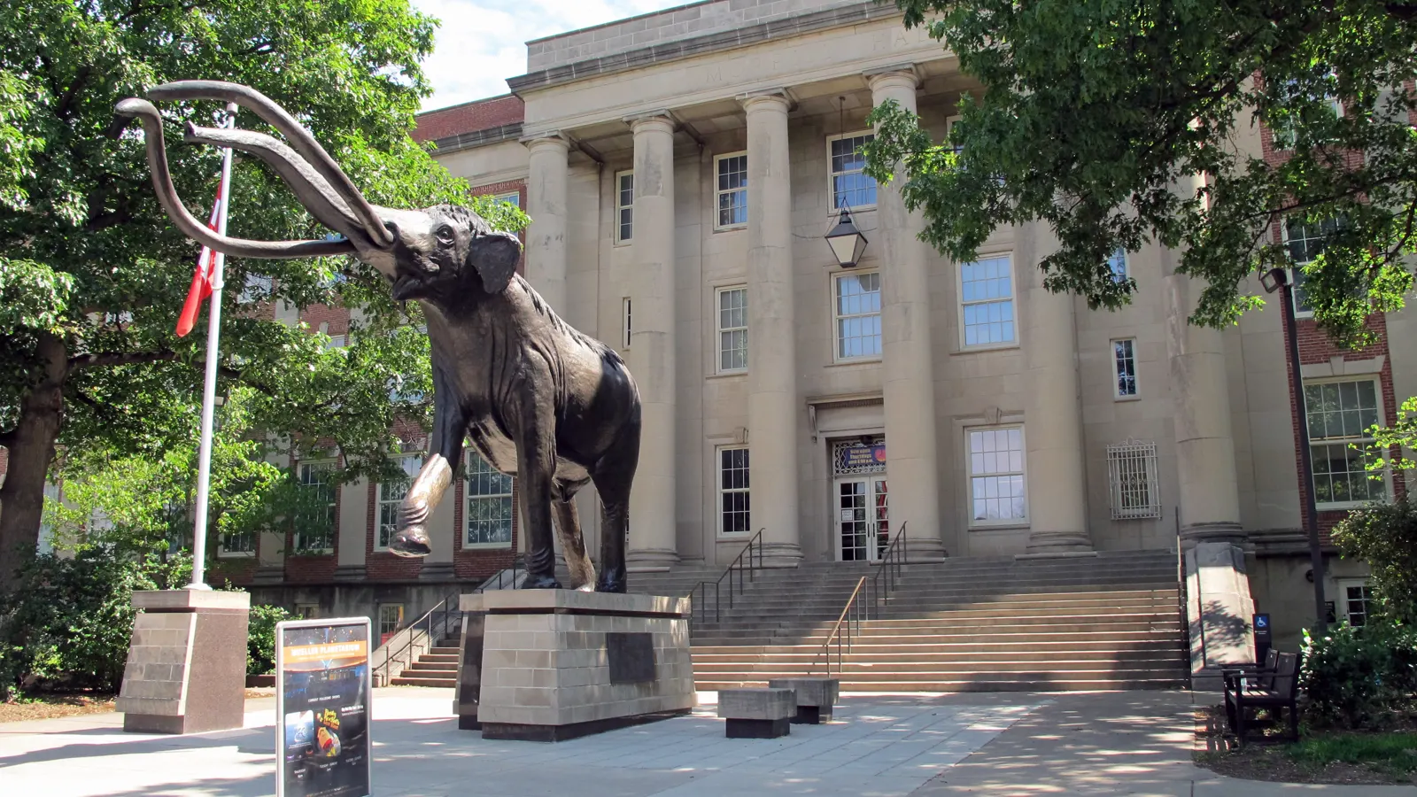 Morrill Hall and the bronze mammoth on Lloyd G. Tanner Plaza at the University of Nebraska-Lincoln in Lincoln, Nebraska