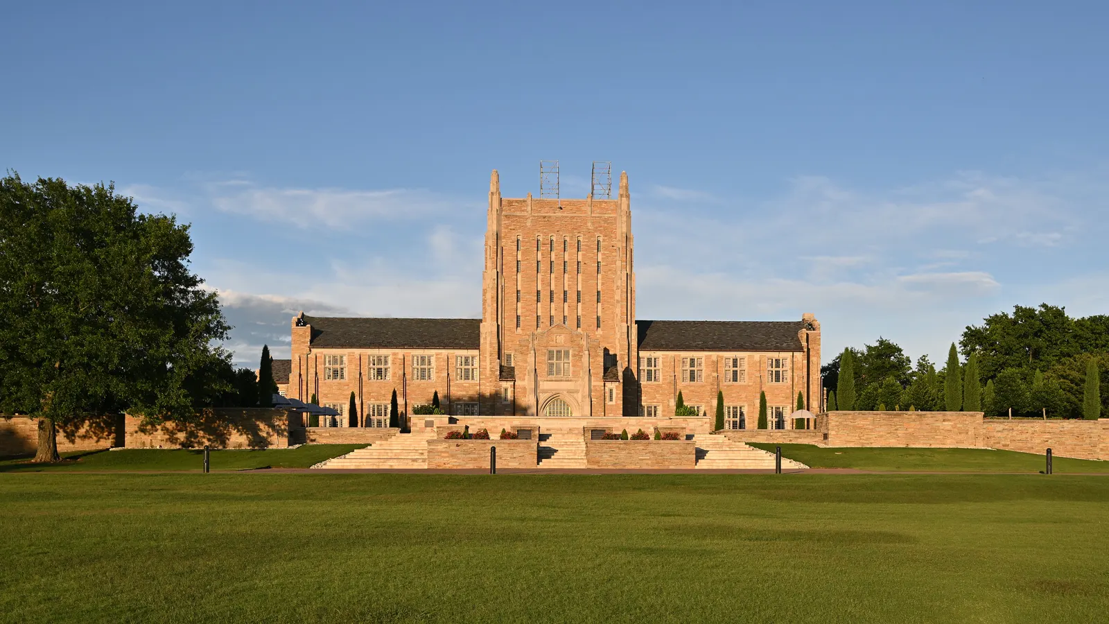 The front of McFarlin Library, a Collegiate Gothic building with a central tower, at the University of Tulsa in Oklahoma