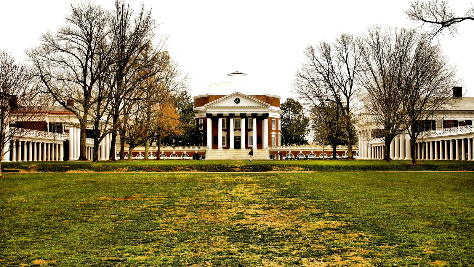 The domed Rotunda at the head of the Lawn at the University of Virginia, with colonnaded pavilions and bare trees on either side