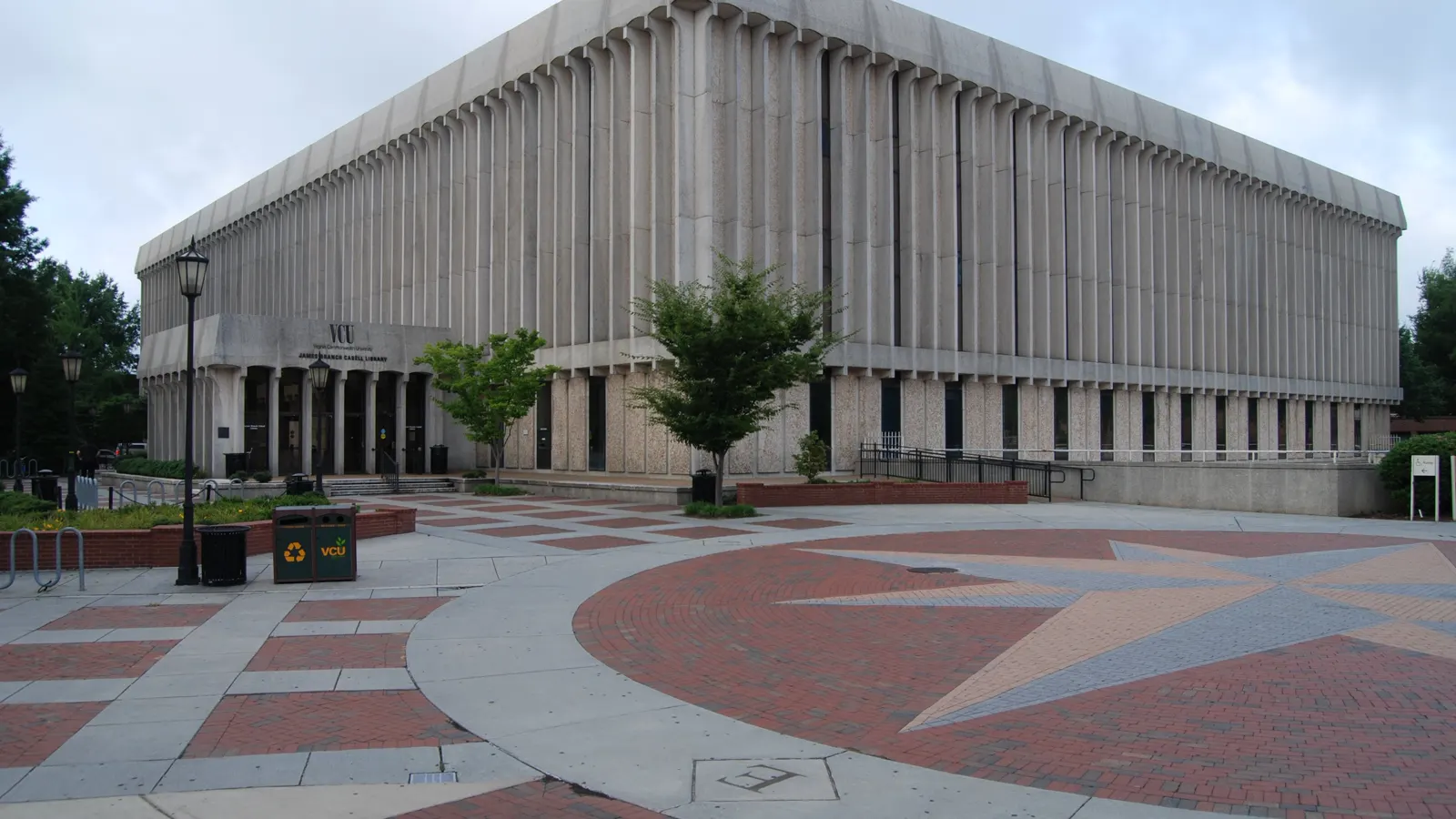 James Branch Cabell Library and its brick plaza on the Monroe Park Campus of Virginia Commonwealth University in Richmond