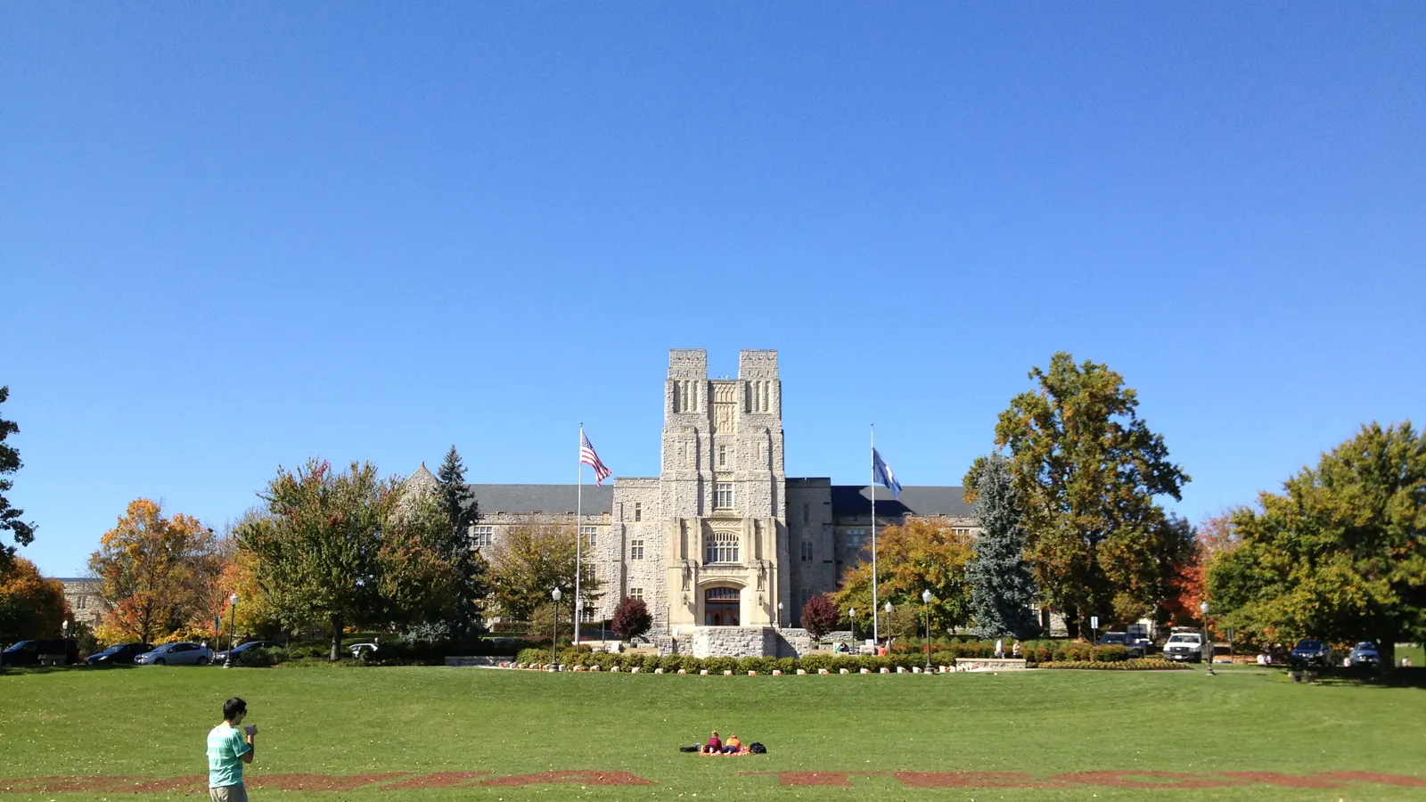 Burruss Hall seen across the Drillfield at Virginia Tech in Blacksburg, Virginia