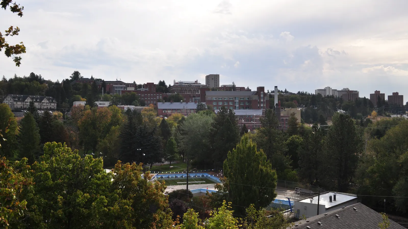 Washington State University campus buildings rising above the trees on College Hill in Pullman, Washington