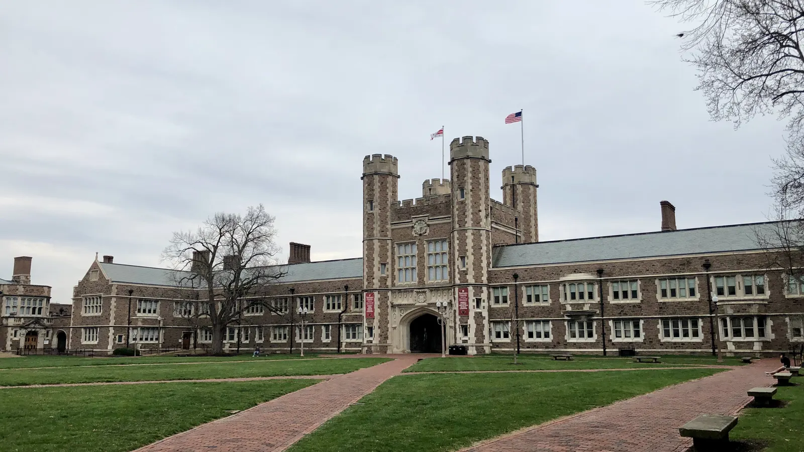 Brookings Hall at the end of brick walks across the lawn at Washington University in St. Louis, Missouri