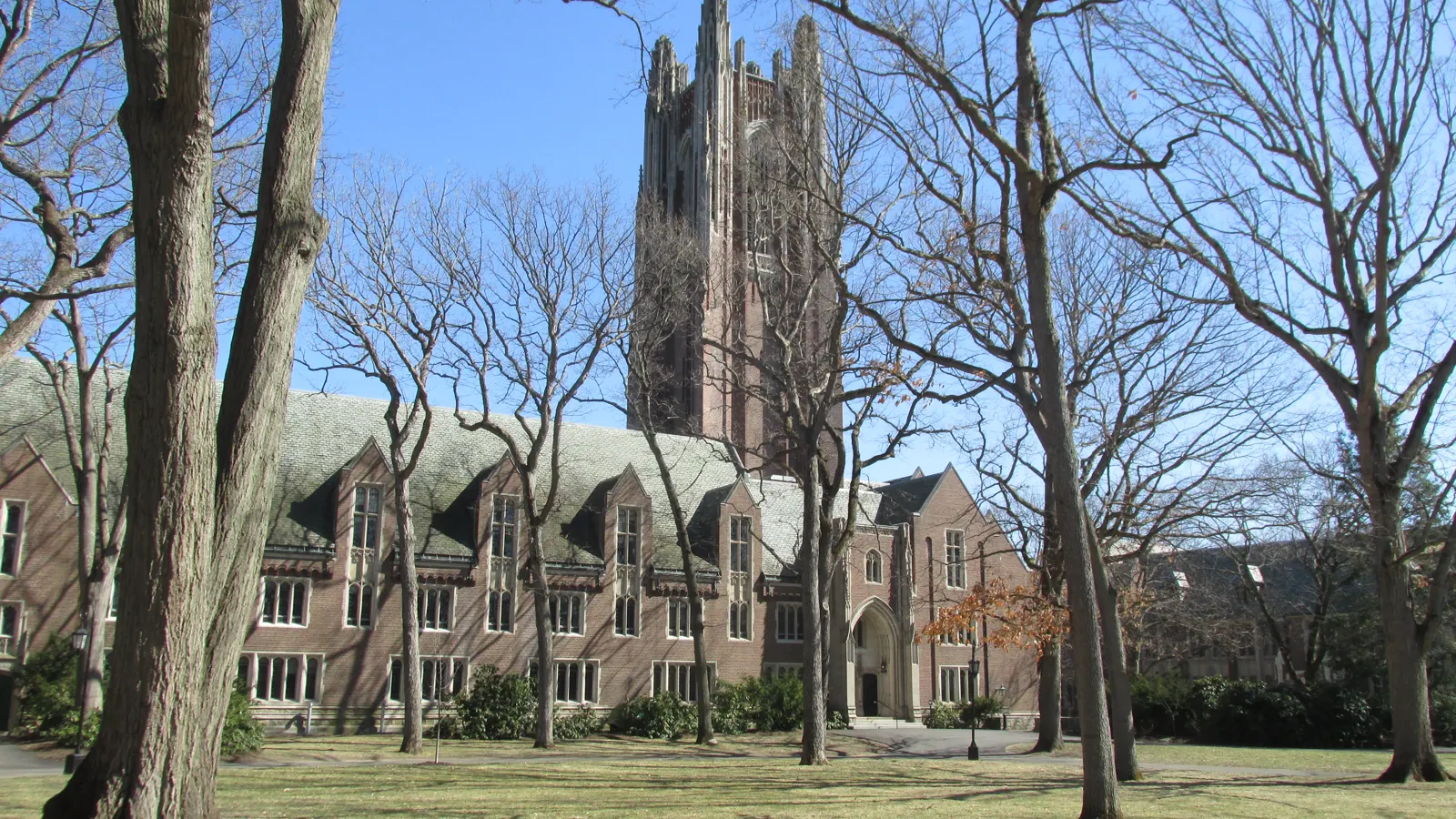 Green Hall and its Galen Stone Tower at Wellesley College in Wellesley, Massachusetts