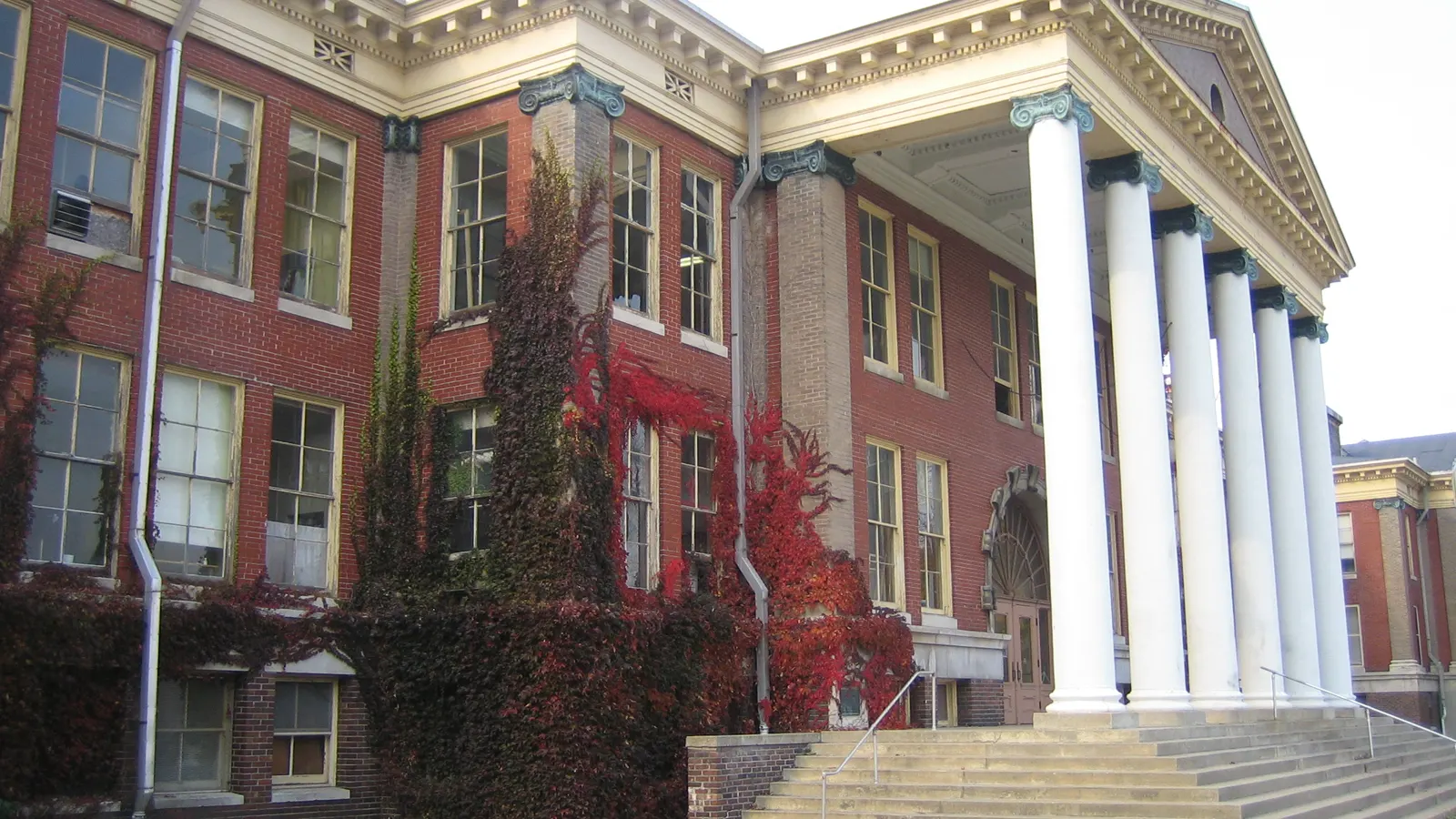 East Hall, with its columned portico and ivy, on the campus of Western Michigan University in Kalamazoo, Michigan