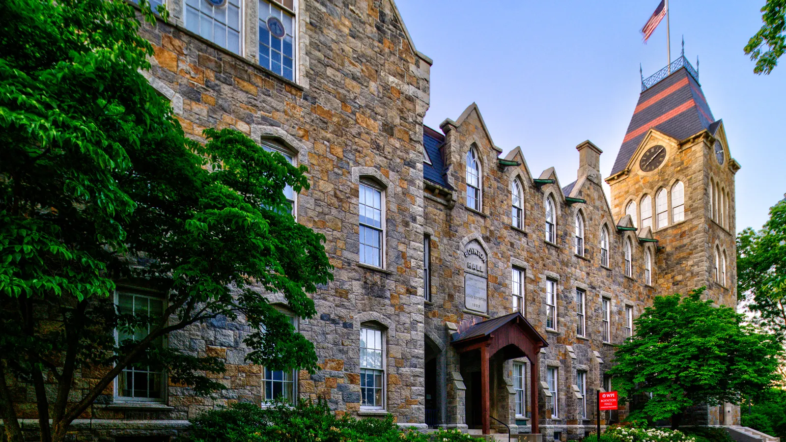 Boynton Hall, the stone clock tower building on the Worcester Polytechnic Institute campus in Worcester, Massachusetts