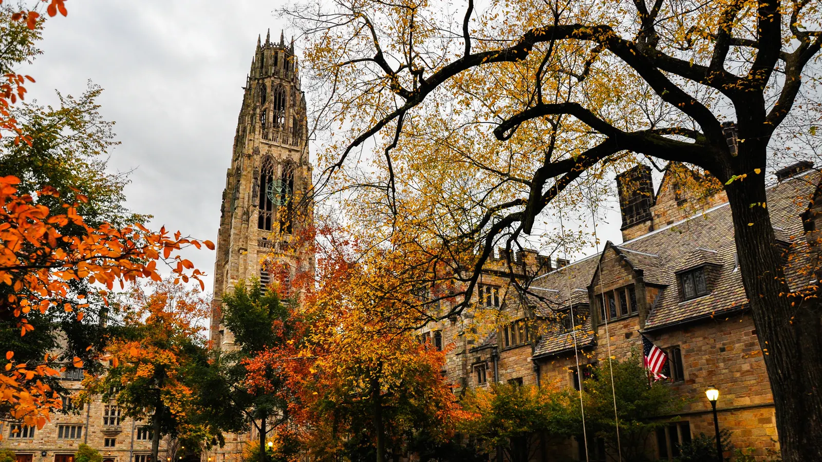 Harkness Tower rising over the Branford College courtyard at Yale University in New Haven, Connecticut